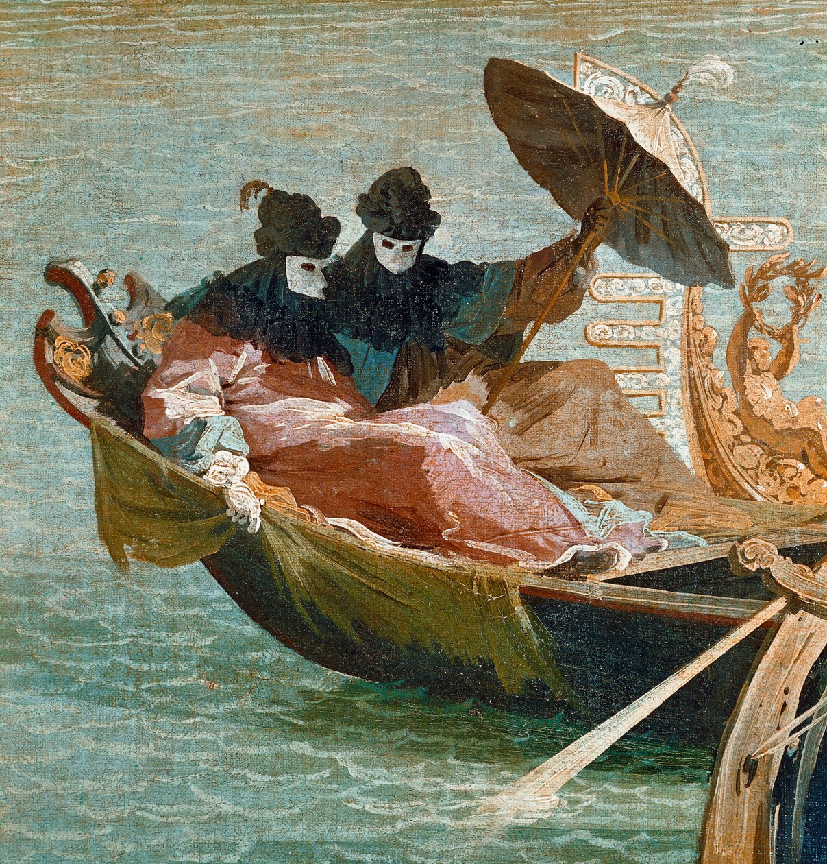 Dogen af Venedigs forlovelse med Adriaterhavet: Detalje af to karakterer, der bærer masken og en paraply på en gondol (olie på lærred, ca. 1729) af Canaletto