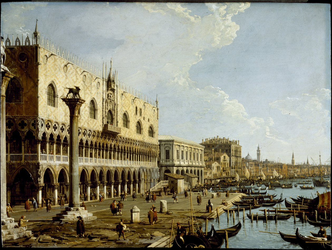 Venedig: udsigt over Dogepaladset og Riva degli Schiavoni fra Piazzetta, ca. 1729 (olie på kobberpanel) af Canaletto