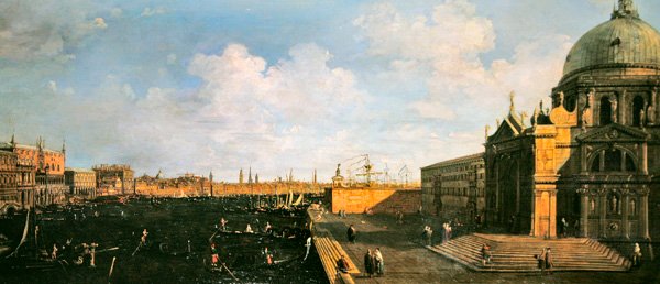 Udsigt over Canal Grande og Santa Maria della Salute (olie på panel) af Canaletto