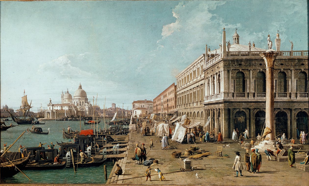Udsigt over Molo, Biblioteca Marciana og St. Theodore-søjlen, Venedig af Canaletto