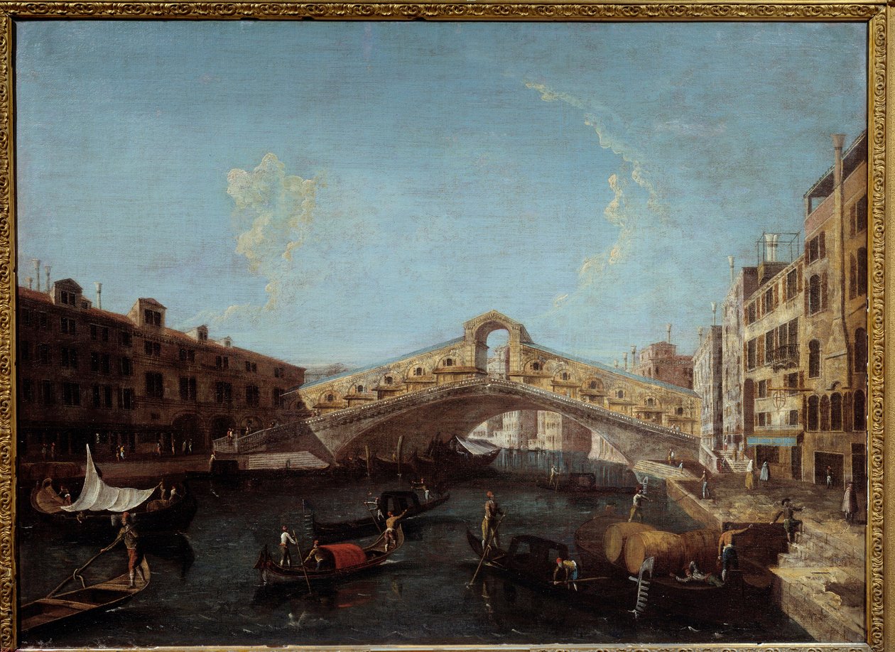 Udsigt over Rialtobroen i Venedigs gondoler på Canal Grande. Maleri af Antonio Canal dit Canaletto (1697-1768) Nimes fra det 18. århundrede, Museum of Fine Arts af Canaletto