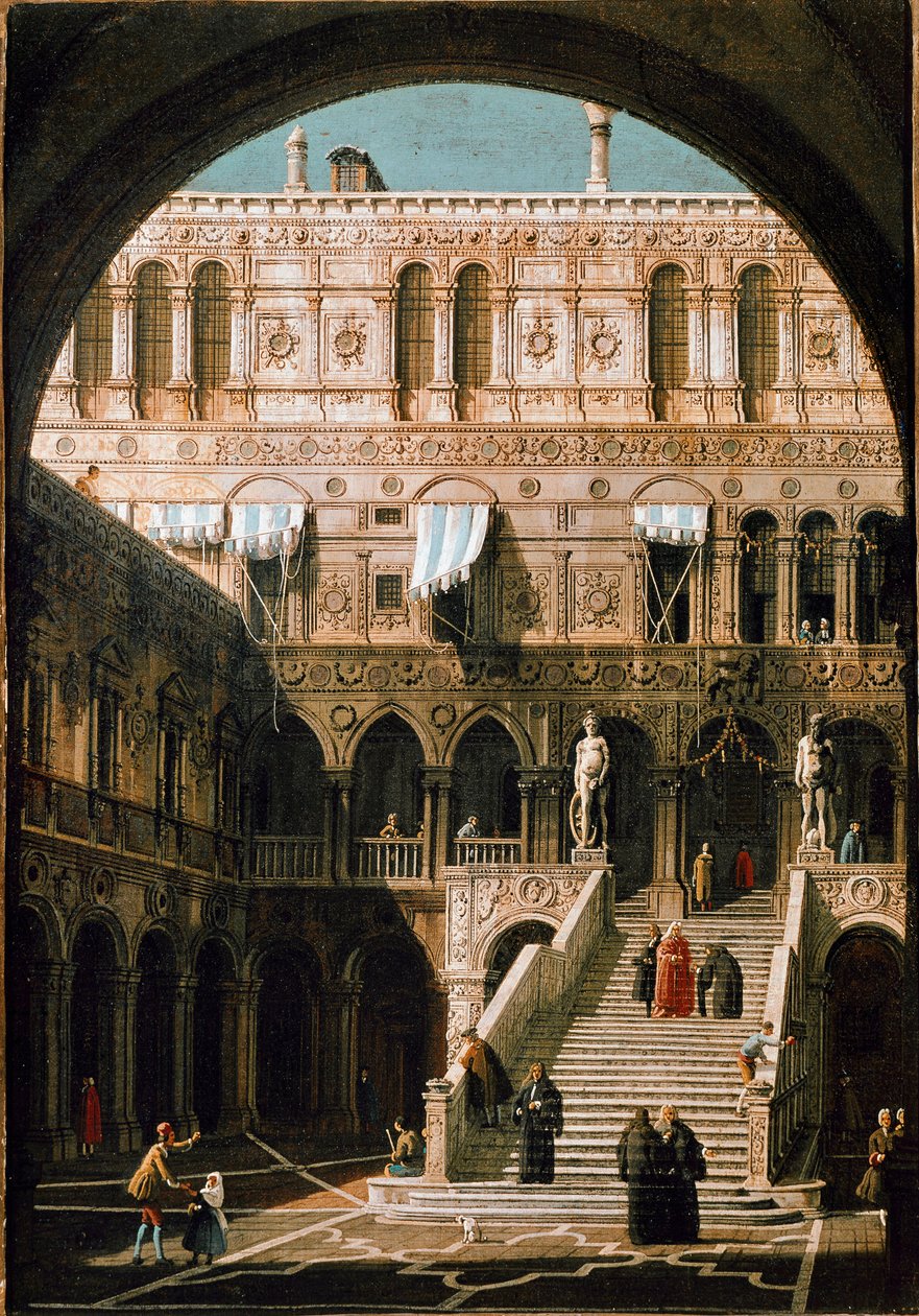 Udsigt over kæmpernes trappe, hertugpaladset i Venedig (olie på lærred af Canaletto