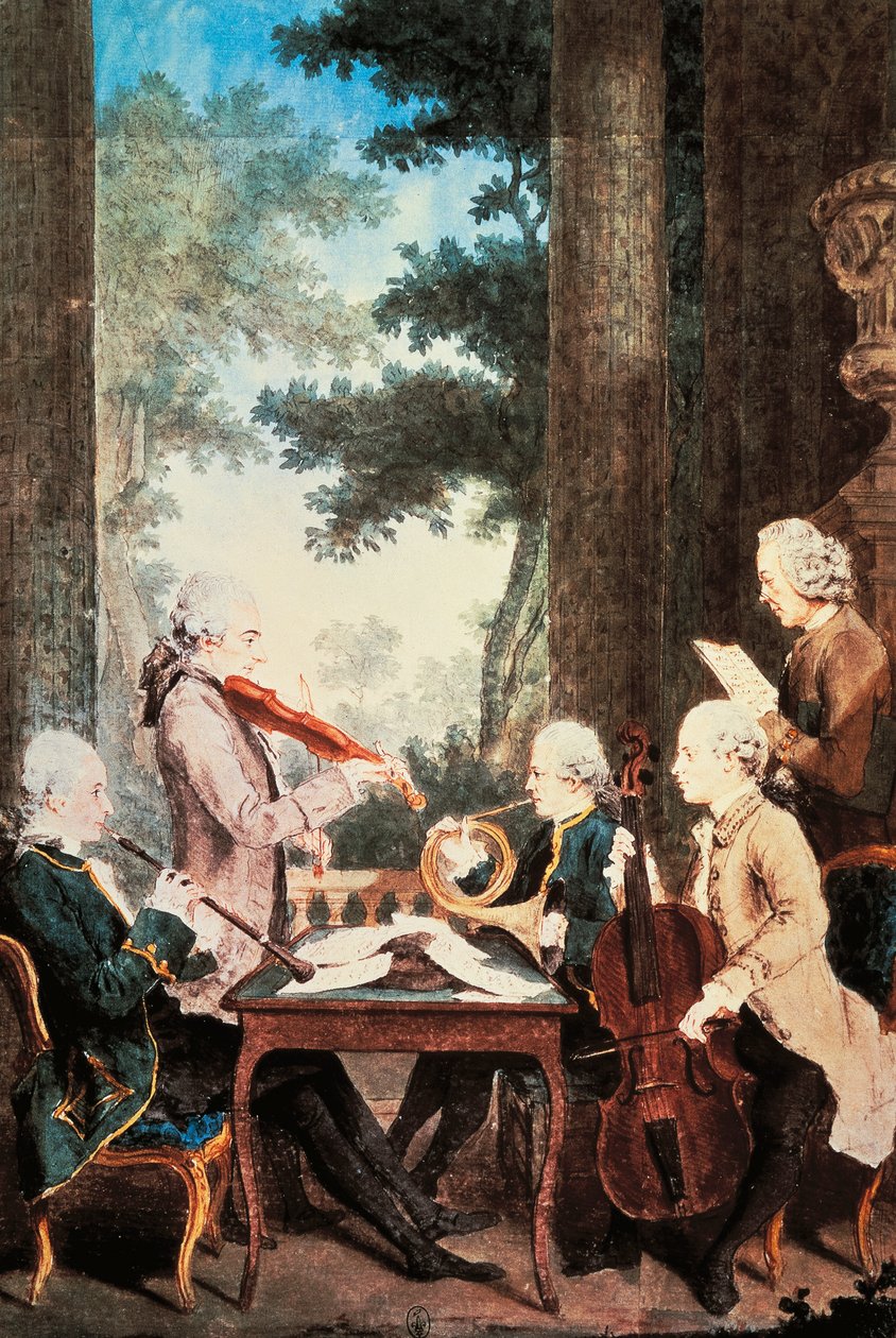 Koncert med obo, violin, horn og cello, af Louis de Carmontelle (1717-1806), akvarel. Frankrig af Carmontelle