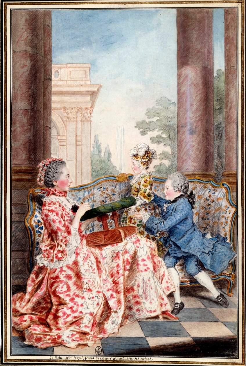 La belle Madame Caze, kone til bondegeneralen og hendes børn Akvarel af Louis Carrogis (1717-1806) dit Carmontelle. 1700-tallet søn. 0,32x0,21 m Chantilly, musee conde af Carmontelle