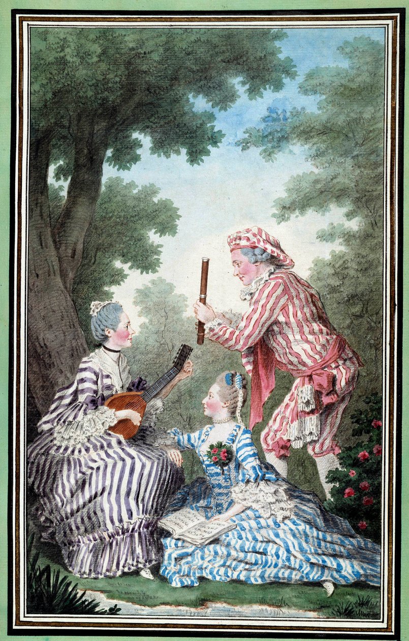 Madame de Meaux, Mademoiselle de Meaux og Monsieur de Saint Quentin gentager en komisk opera Akvarel af Louis Carrogis Carmontelle (1717-1806) Chantilly fra det 18. århundrede, Musee Conde af Carmontelle