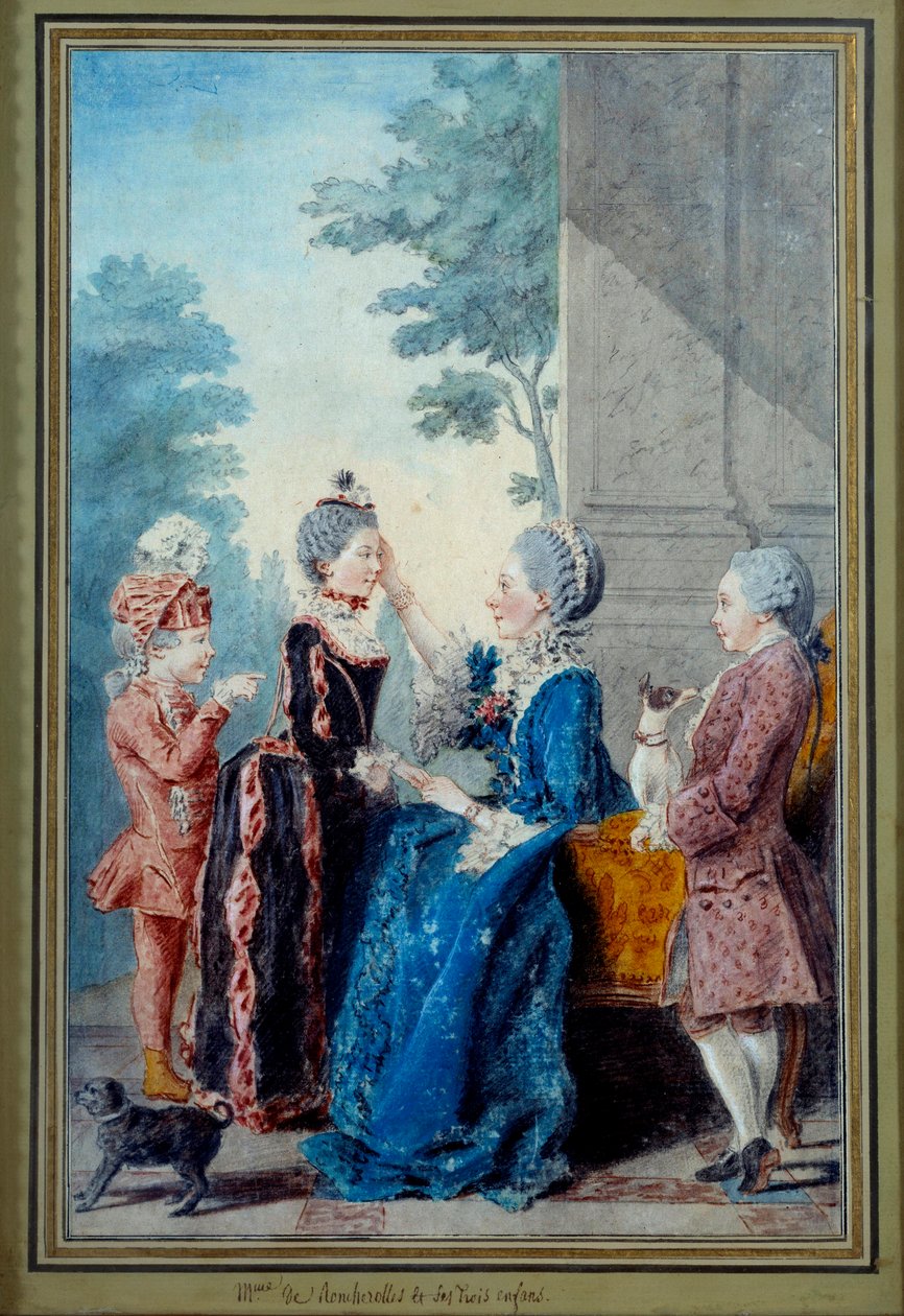 Madame de Roucherolles og hendes tre børn Akvarel af Louis Carrogis Carmontelle (1717-1806) 1700-tallets Paris, Musee Carnavalet af Carmontelle