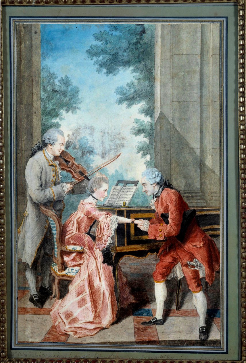 Mademoiselle Delou, Monsieur Philippe og Monsieur de Texier En gentleman hylder en ung pianist. Akvarel af Louis Carrogis, dit Carmontelle (1717-1806) Paris fra det 18. århundrede, Musee Carnavalet - Mademoiselle Delou, Monsieur Philippe og Monsieur d. af Carmontelle