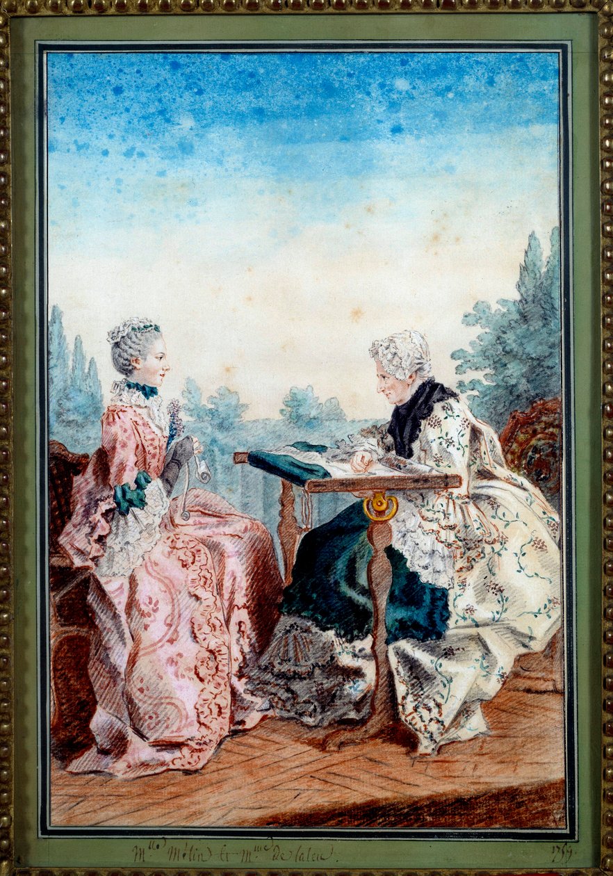 Mademoiselle Melin og Mademoiselle de Laleu laver akvareltæppe af Louis carrogis dit Carmontelle (1717-1806) 1759. Paris, Musee Carnavalet af Carmontelle