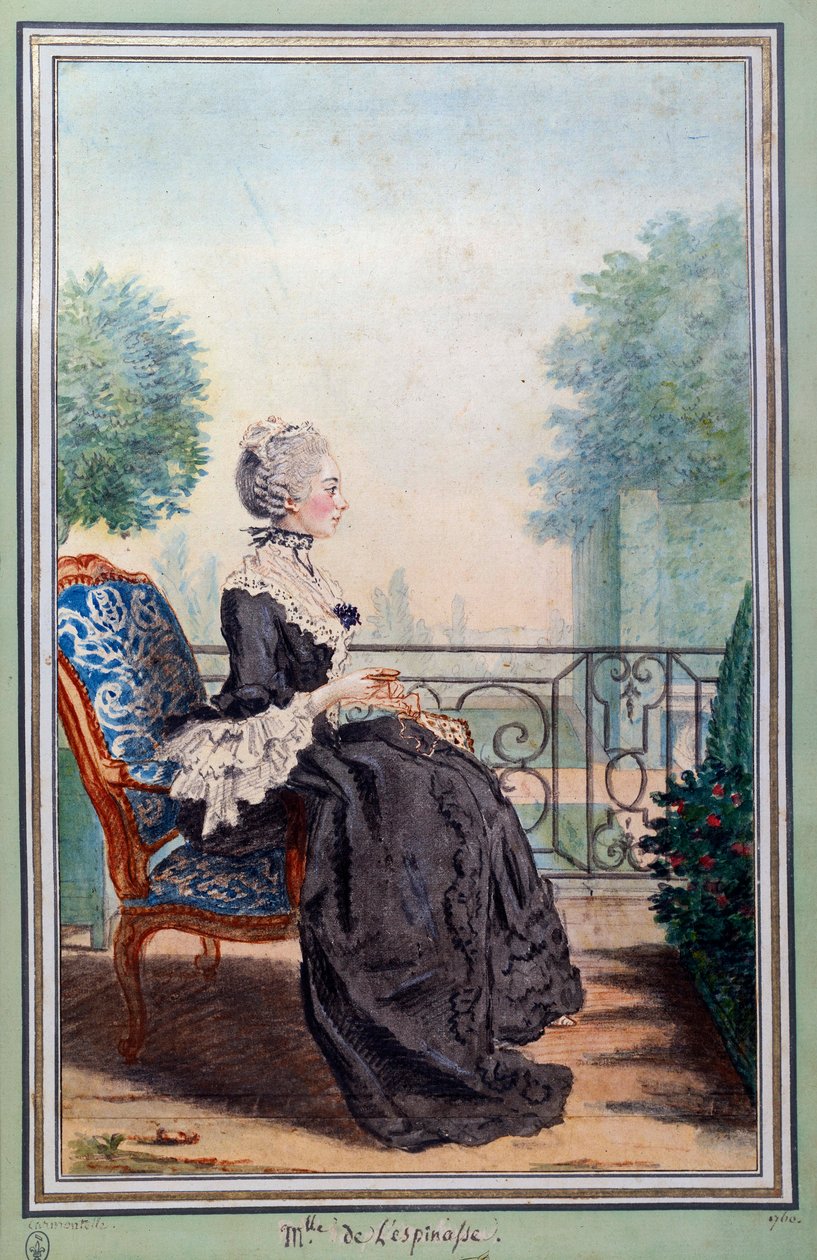 Portræt i fuld længde af Julie de Lespinasse (1732-1776) kvinde med bogstaver Akvarel af Louis Carrogis (1717-1806) kendt som Carmontelle. Chantilly fra det 18. århundrede, conde museum af Carmontelle