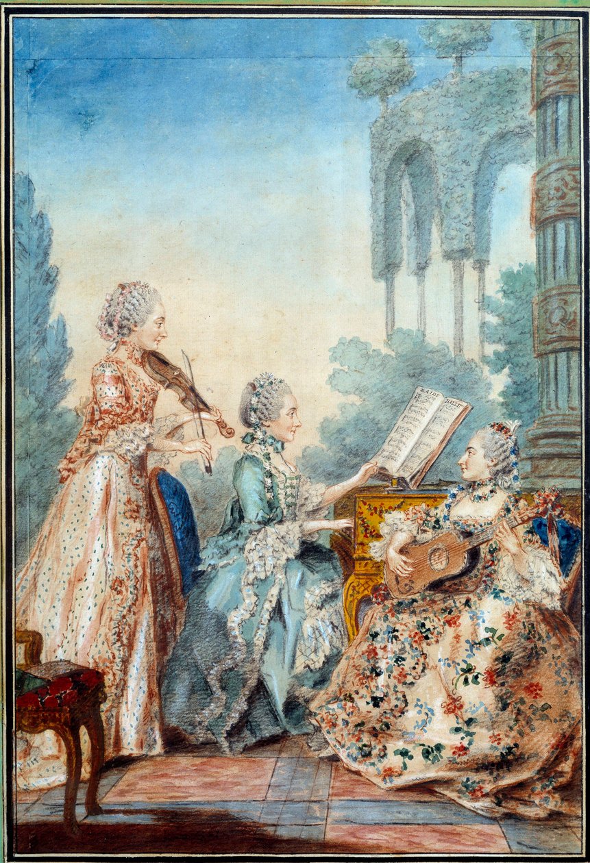 De tre døtre af komponisten Joseph Nicolas Pancrace Royer (1705-1755) fremfører partituret til balletten Zaide Aquarelle af Louis Carrogis Carmontelle (1717-1806) 1760 Paris, Musee Carnavalet af Carmontelle
