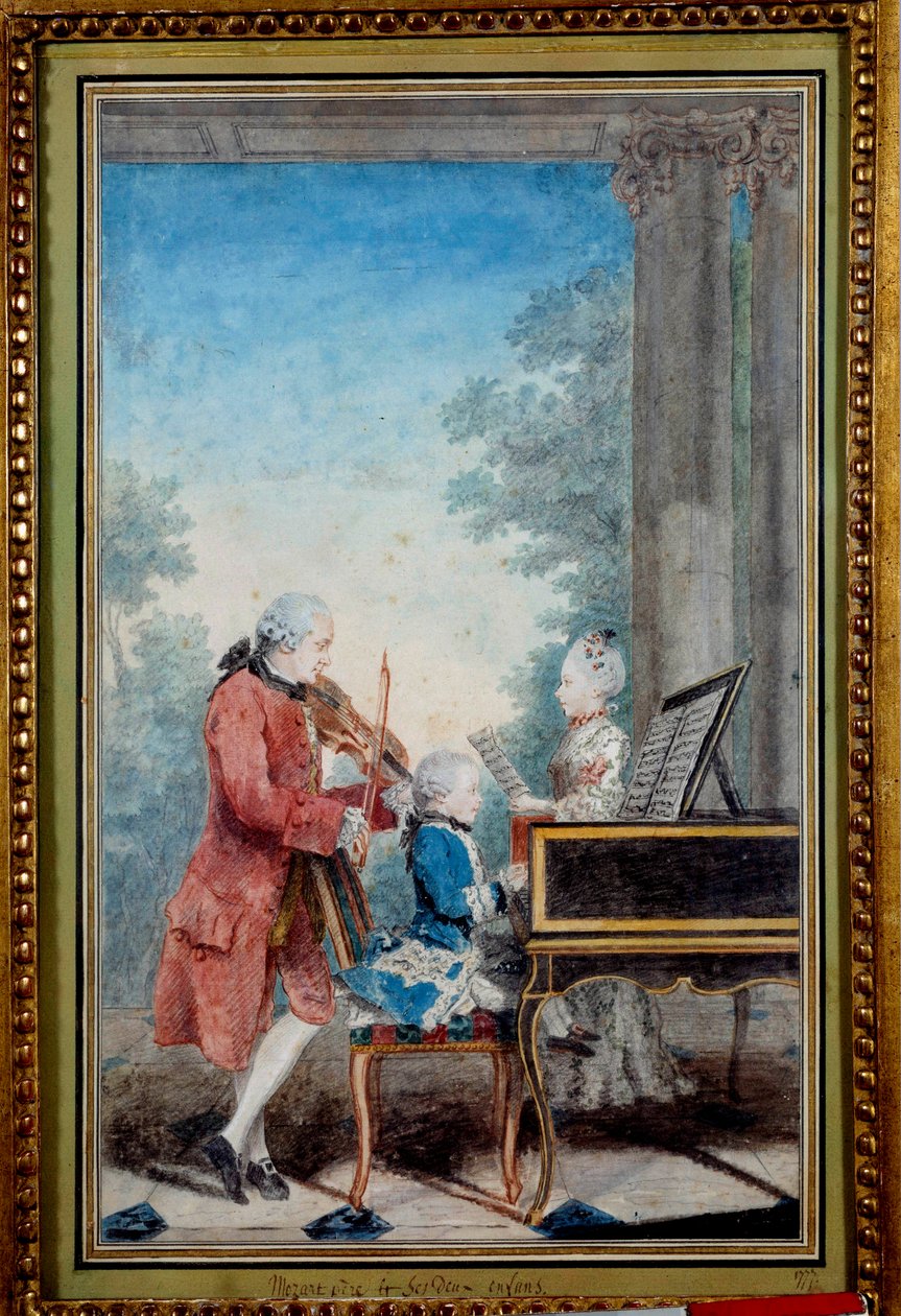 Wolfgang Amadeus Mozart (1756-1791) som barn spillede klaver sammen med sin far og søster af Carmontelle