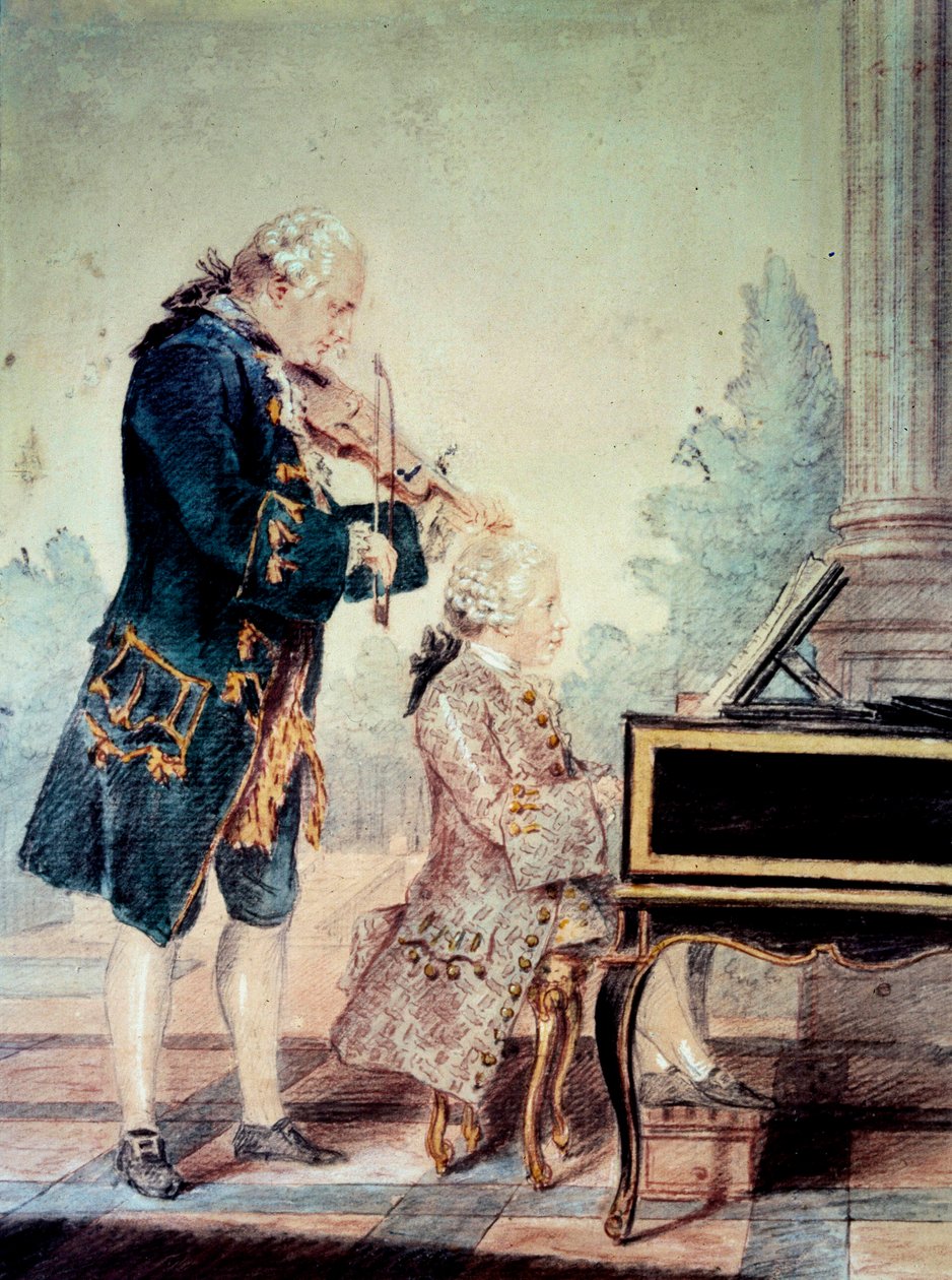Wolfgang Amadeus Mozart (1756-1791) barn spiller klaver med sin far Leopold”” Akvarel af Louis Carrogis Carmontelle (1717-1806) 1777 Paris, Musee Carnavalet af Carmontelle