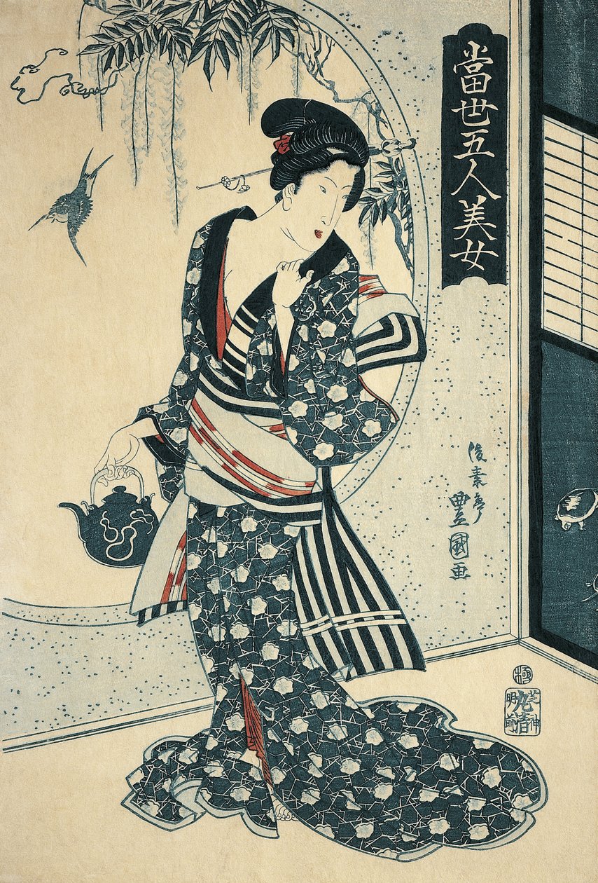 Ung kvinde holder en tekande af Toyokuni II