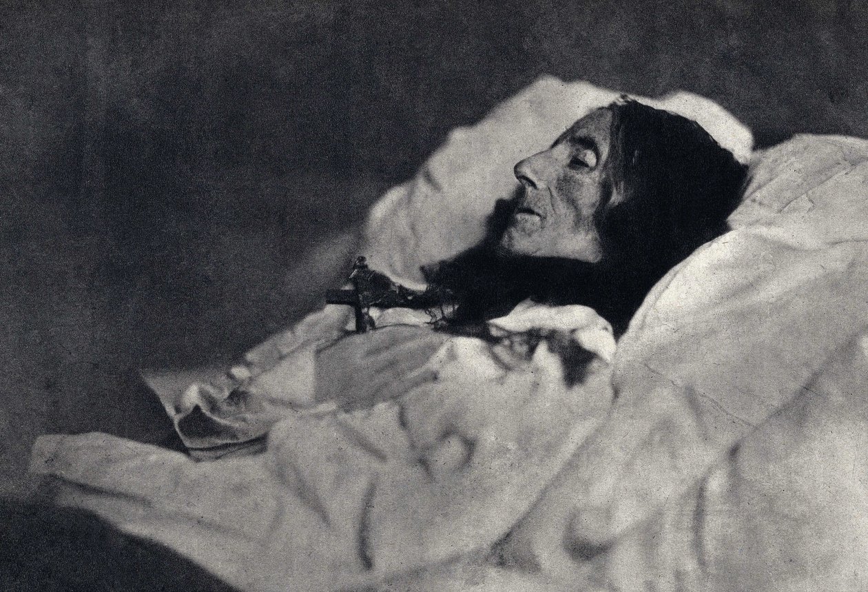 Portræt af digteren Marcelline Desbordes Valmore (Desbordes-Valmore) (1786-1859) på sit dødsleje. Fotografi af Felix Tournachon dit Nadar (1820-1910) i 1859. Tryk af Victor Tournachon, far til Nadar, slutningen af det 19. århundrede. af Nadar