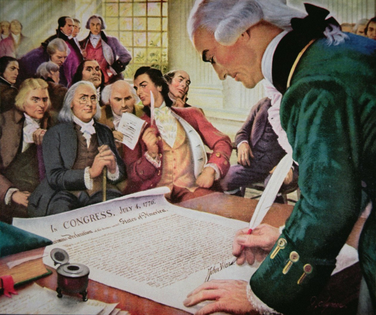 John Hancock (1737-93) underskriver den amerikanske uafhængighedserklæring, 4. juli 1776 (farve litho) af (after) American School
