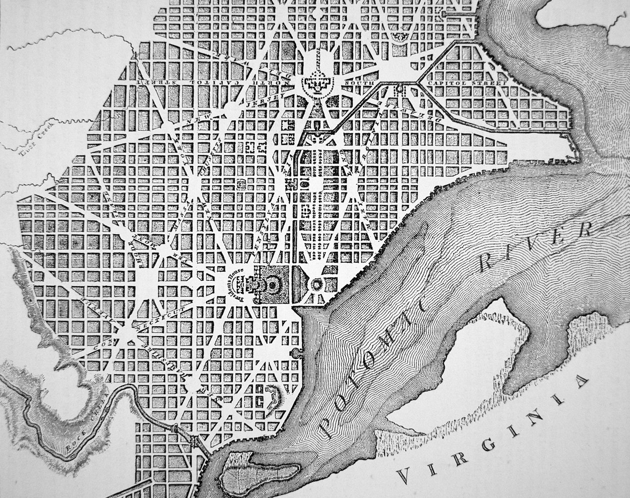 Plan over byen Washington som oprindeligt udlagt i 1793 (gravering) af (after) American School