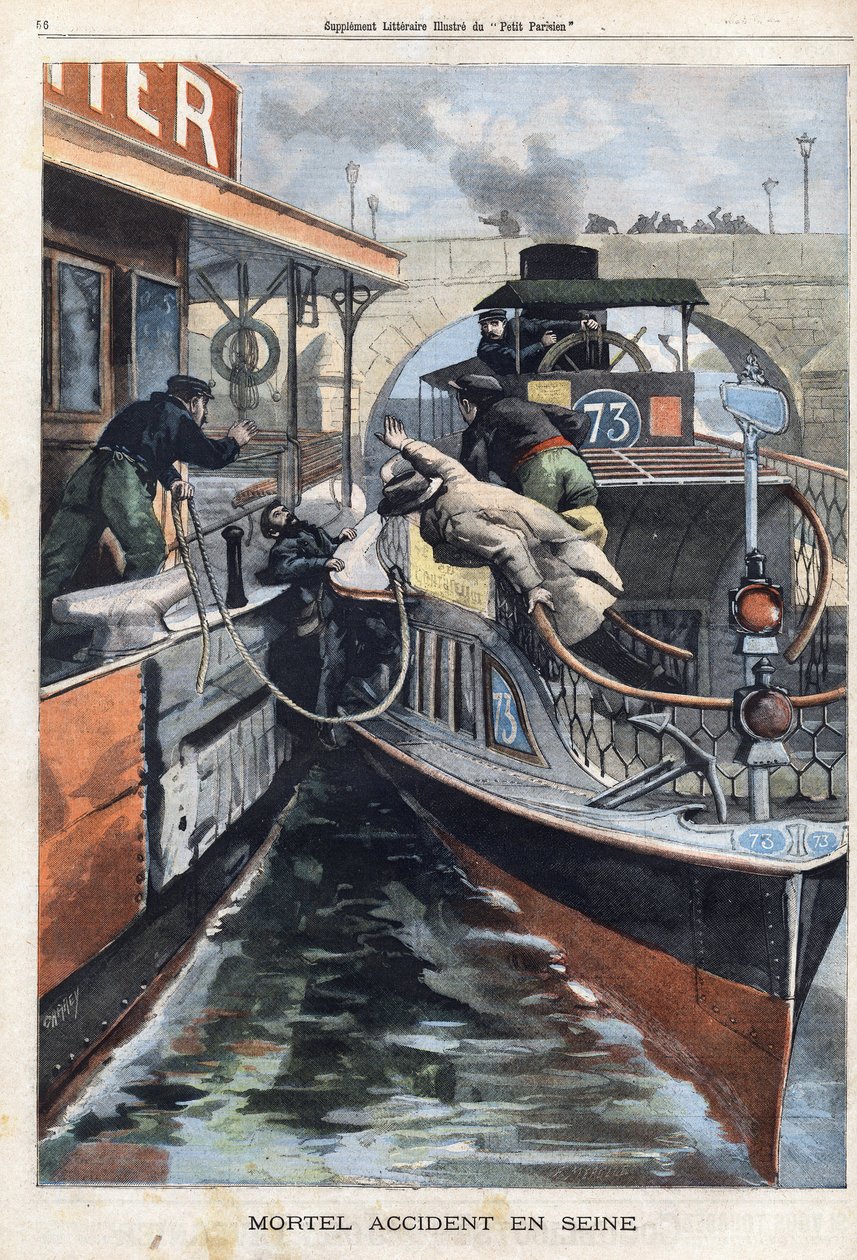 Dødsulykke på Seinen: en ansat i virksomheden des Bateaux Parisiens dør styrtede ned mellem to både nær Charenton-broen. Indgravering i "" Le Petit Parisien"" den 17/02/1901. af (after) Carrey