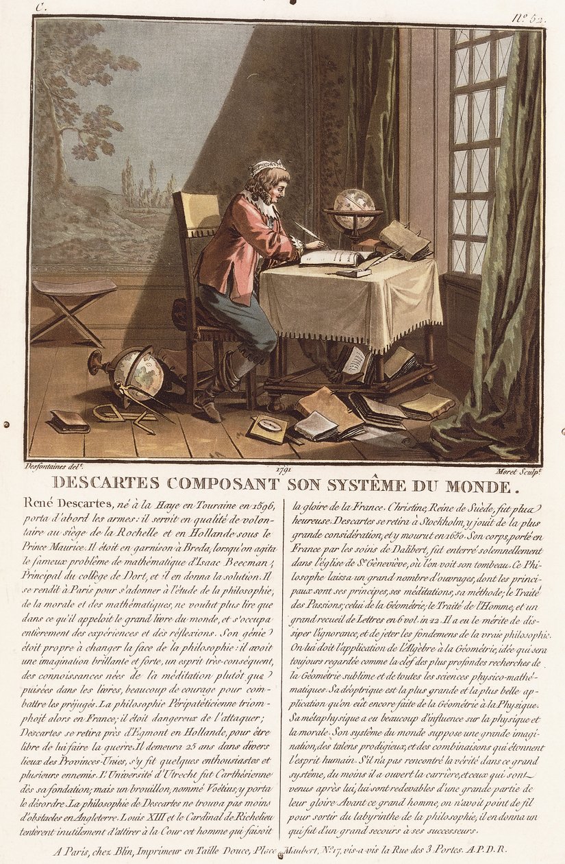 Descartes Composing His World System, ca. 1786-1792 (farveakvatint) af (after) Desfontaines