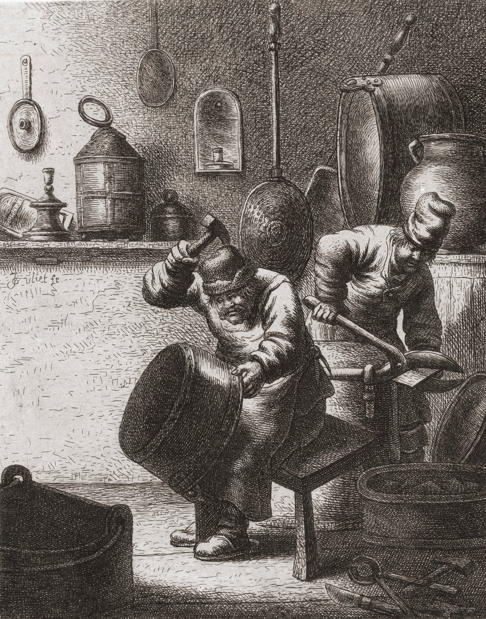 Kobbersmede på arbejde i det 17. århundrede (tryk) af (after) Dutch School