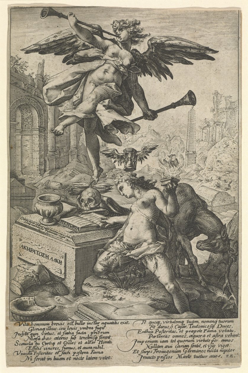 Berømmelse og historie, efter 1586 (gravering på lagt papir) af (after) Dutch School