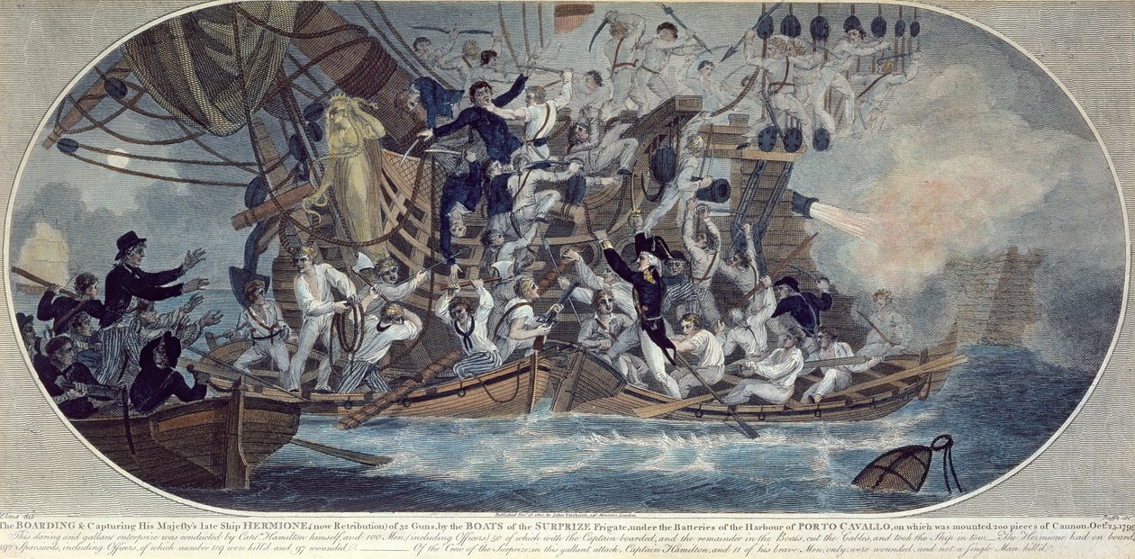 Bordingen og erobringen af Hans Majestæts sene skib, Hermione (nu Retribution) 25. oktober 1799, indgraveret af Roffe (farvet radering) af (after) Elms