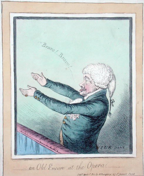 Et gammelt ekstranummer i Operaen! ætset af James Gillray (1756-1815) udgivet af Hannah Humphrey i 1803 (håndfarvet radering) af (after) English School