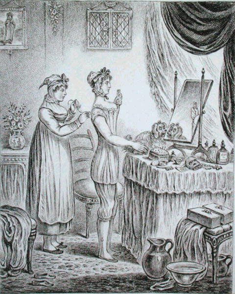 Progress of the Toilet: the Stays, ætset af James Gillray (1757-1815) udgivet af Hannah Humphrey i 1810 (ætsning) af (after) English School