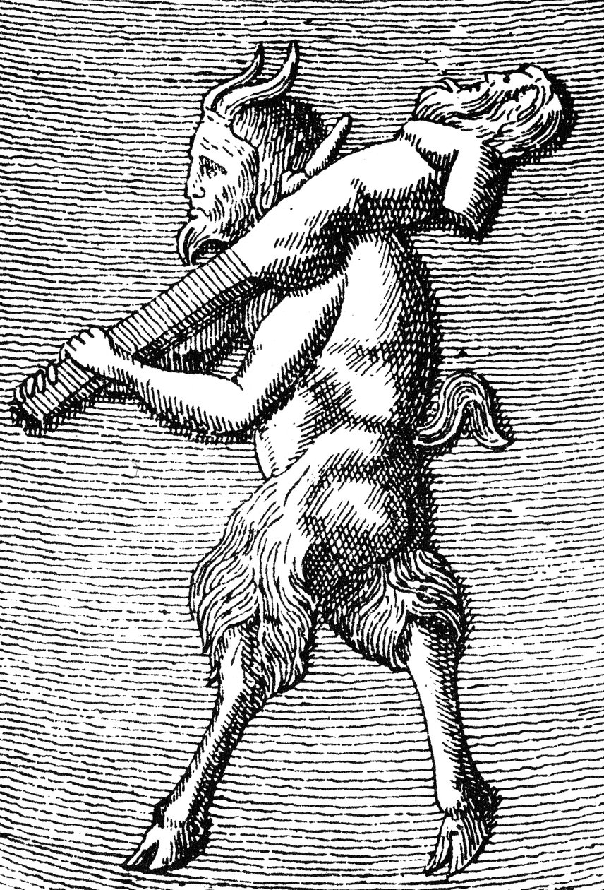 Satyr med en herm, detalje fra et lille bærbart tempel dedikeret til tilbedelsen af Priapus (gravering) (detalje af 405756) af (after) English School