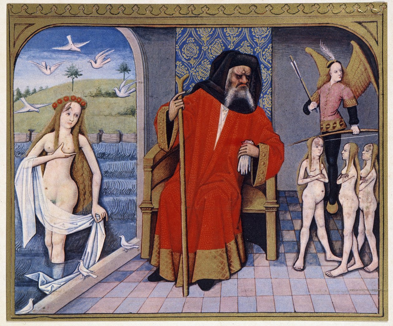 Afrodite, Hephaistos, Eros (Amor) og velgørenhed - fra en belysning af det 15. århundrede af (after) French School
