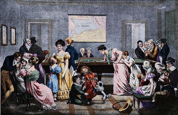 Billardrum i det nittende århundrede, indgraveret af Market (farve litho) af (after) French School