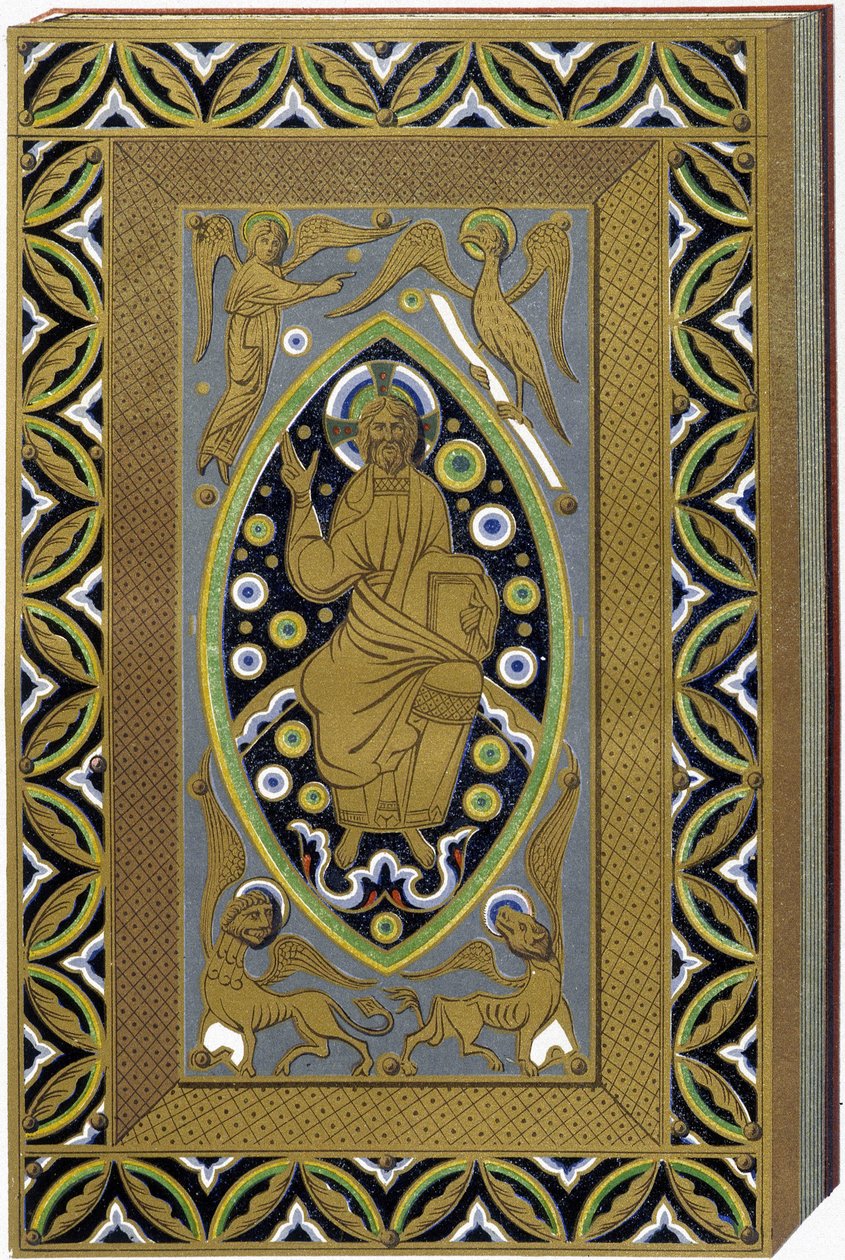 Kristus i Mandorla med symbolerne på de 4 evangelister (Tetramorph). Litografi, der gengiver et e-mailet bind fra det 13. århundrede. af (after) French School