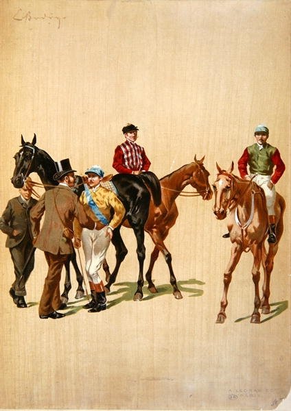Jockeyer på væddeløbsbanen, ca. 1875 (farvelitografi) af (after) French School