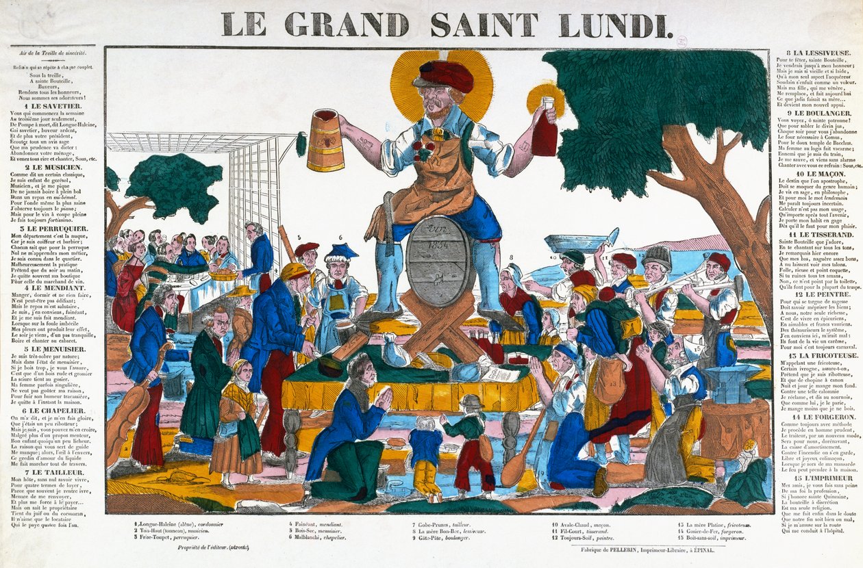 Le Grand Saint Lundi, Holy Monday, tegneserie om arbejdere og håndværkere, der vier mandage til alkohol i stedet for deres arbejde, midten af det 19. århundrede (farve litho) af (after) French School