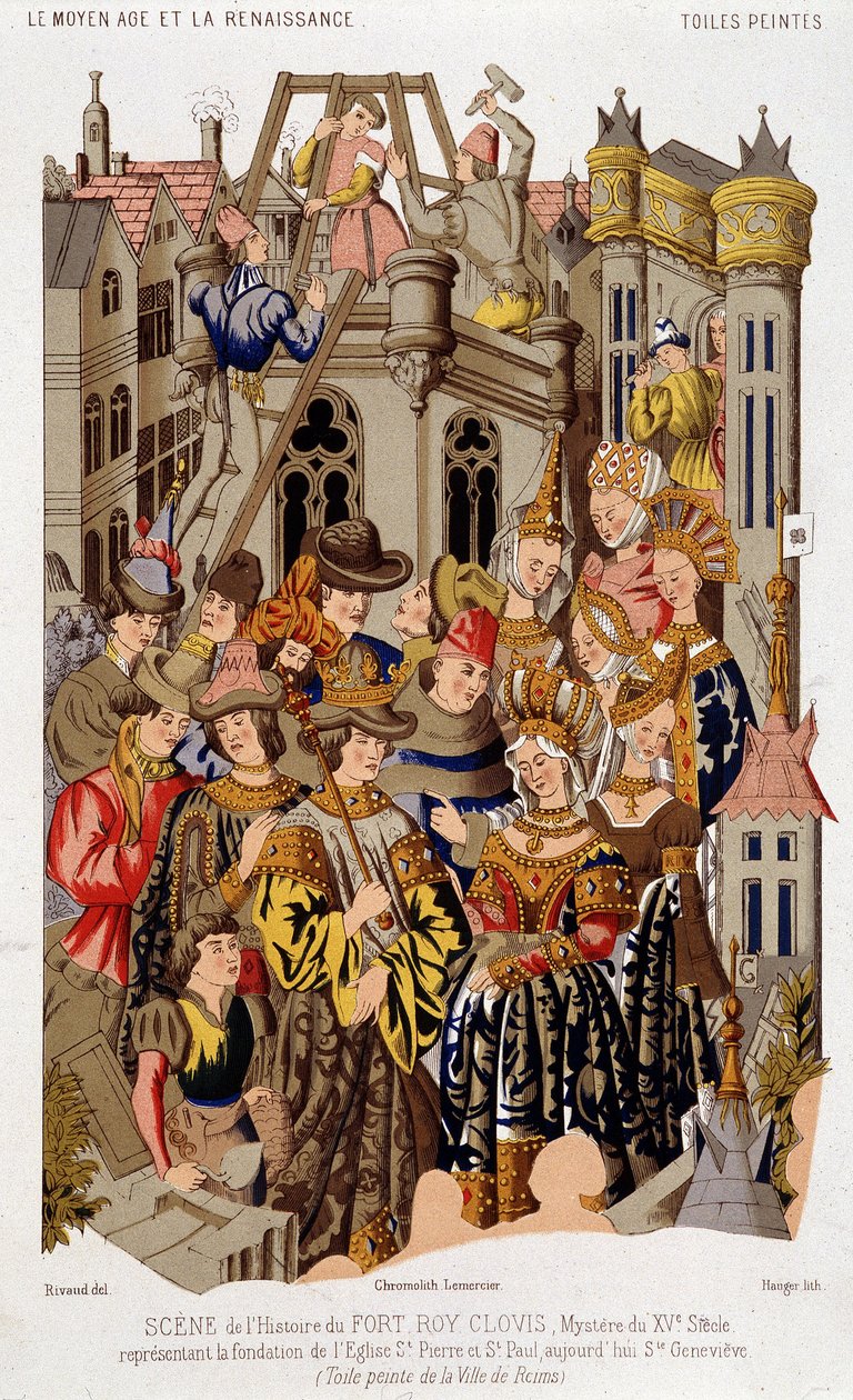 Scene af Fort Roy de Clovis historie. Mysteriet fra det 15. århundrede, der repræsenterer grundlaget for kirken St. Peter og St. Paul, i dag Saint Genevieve. (fra) Malet lærred af byen Reims. af (after) French School