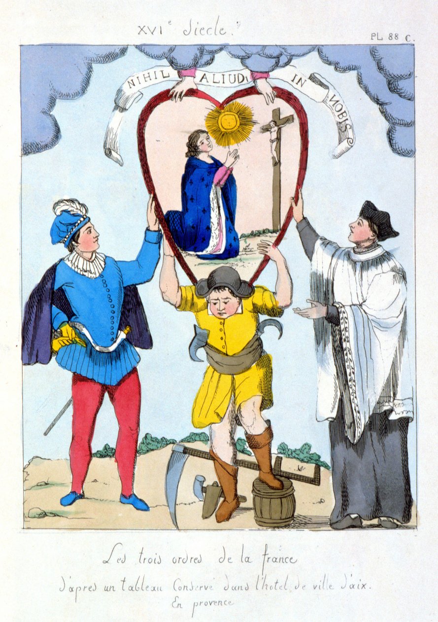 De tre ordener i Frankrig ifølge et maleri bevaret i rådhuset i Aix en Provence. Tegnefilm om uligheden mellem de tre ordener efter revolutionen 1789. af (after) French School