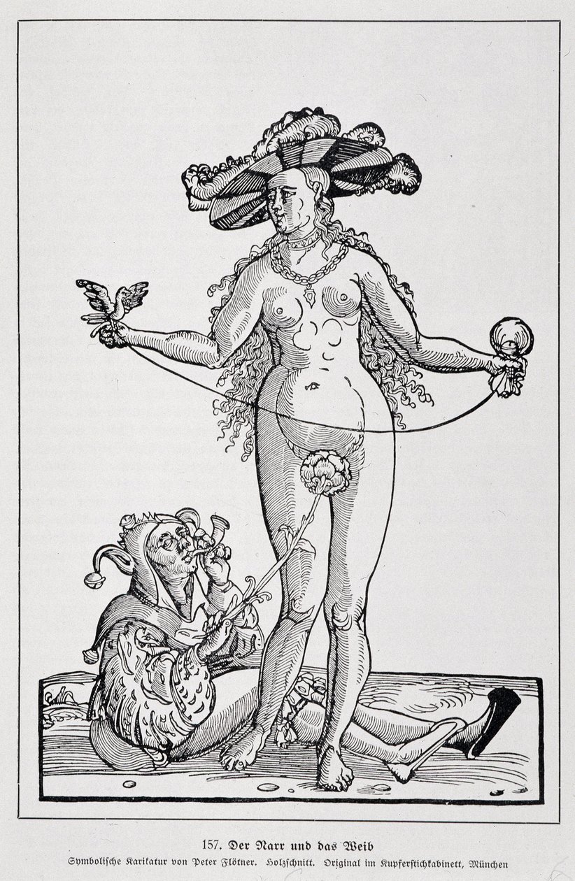 Kvinde og galning, der kilder sin penis med en blomst, "Der Rarr und das Weib "", "Geschichte des Erotischen Kunst"af Edouard Fuchs, Berlin af (after) German School