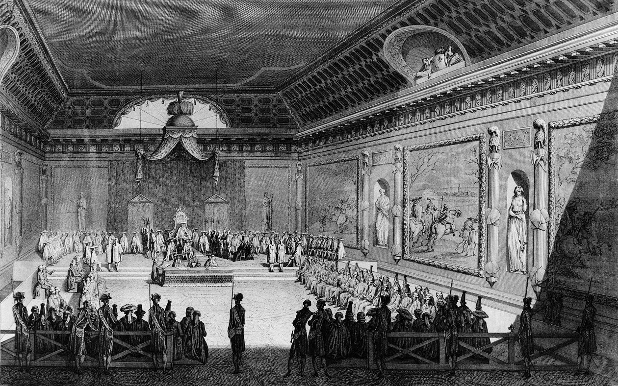Første af den franske revolution: Forsamling af notabiliteter afholdt i Versailles den 22. februar af (after) Girardet