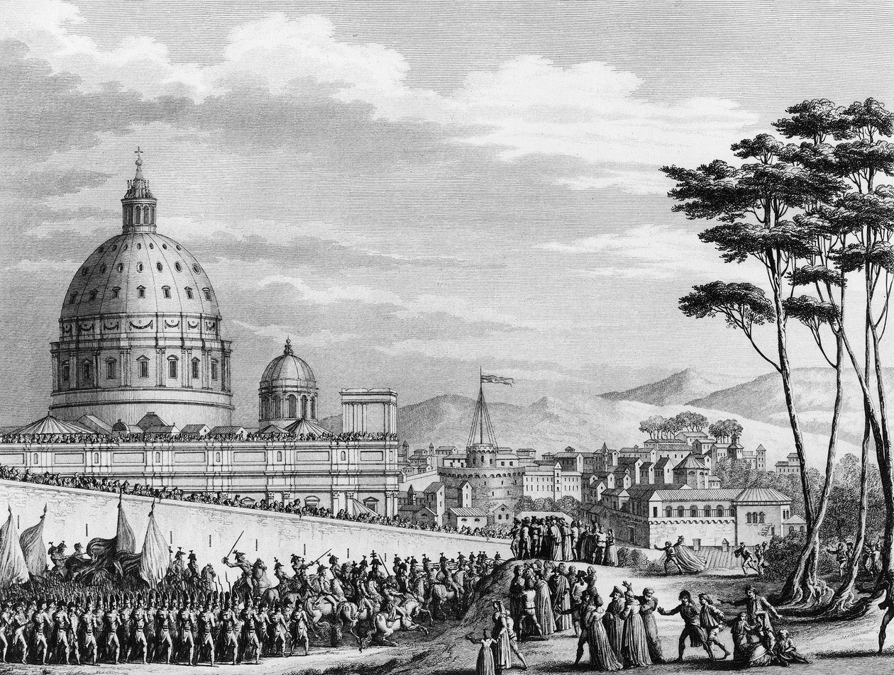 Fransk revolution: Franskmændenes triumferende indtog i Rom i Italien i februar 1798 ledet af general Louis Alexandre (Louis-Alexandre) Berthier, der invaderede pontificalstaterne og erobrede byen Rom den 11. februar af (after) Girardet