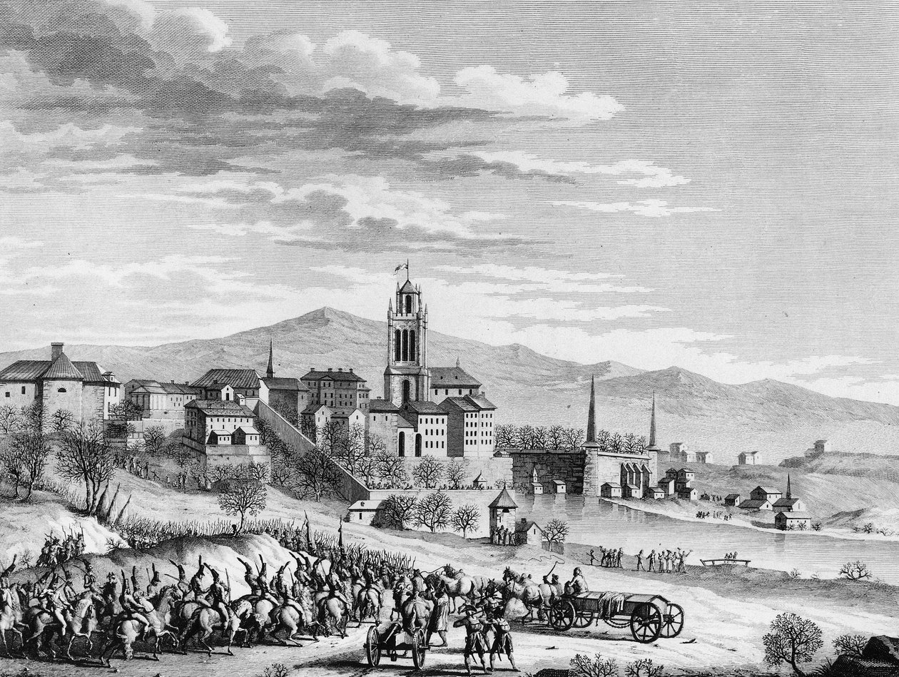 Den franske revolutions krig: Franskmændenes triumferende indtog i Bern (Schweiz) i marts 1798. Gravering af Berthaut efter Girardet. Paris, bibliotek for Institut for Revolutionshistorie af (after) Girardet