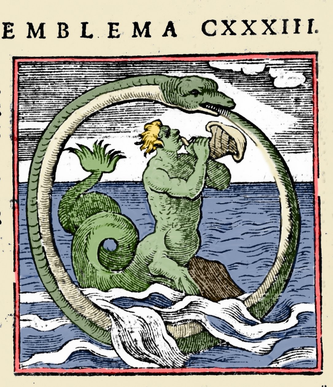 En triton og en ouroboros, illustration "Emblemer" (Emblemer af hæftet) af Andrea Alciati (farve litho) af (after) Italian School