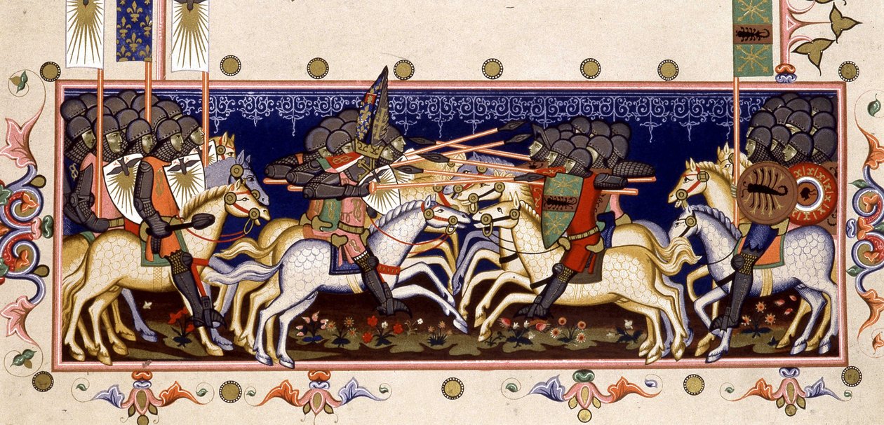 Battle Scene (Imagined Crusades) - i "Statutter of the Holy Spirit of Napoli" (Orden of the Holy Spirit) baseret på miniature fra 1352 af (after) Italian School
