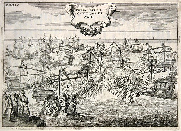 Galeoner og Galeasses kæmper: tilfangetagelse af kaptajnen på øen Chios, illustration fra 