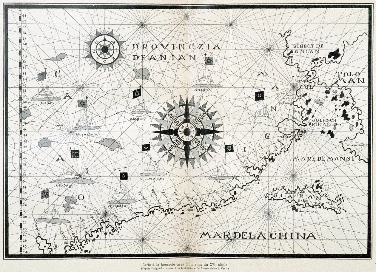 Kort over kompassolen fra et atlas fra det 16. århundrede, baseret på originalen bevaret i biblioteket på Museo Civico i Venedig af (after) Italian School