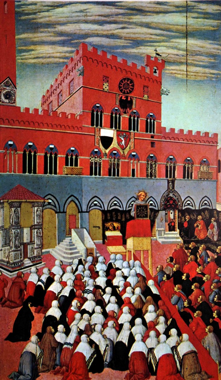 Sankt Bernardino taler i sin fødeby Siena (maleri) af (after) Italian School