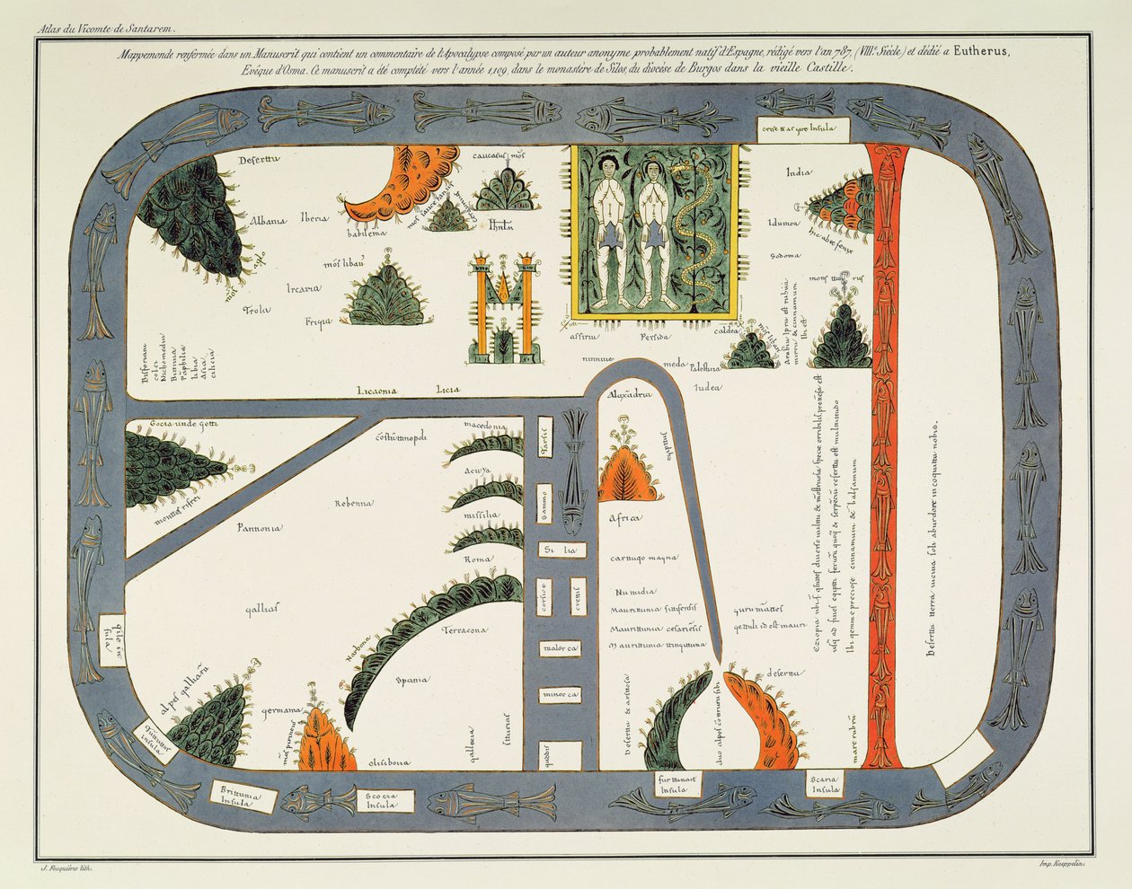 Kort over verden, fra et manuskript af en kommentar til apokalypsen, skrevet ca. 787 og kopieret ca. 1109 i klostret Silos, Burgos, Spanien (litho) af (after) Spanish School