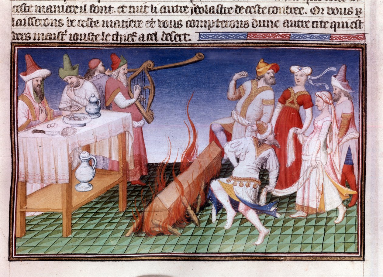 Begravelsesceremoni i den kinesiske provins Tangut (Gansu): kremeringsscene Miniature i manuskriptet "The Book of Wonders" ("The Book of Wonders" ("Devisement of the World", "Il Milione") fr.2810 (folio 23) belyst af mesteren af Boucicaut og skrevet af Mar af (and workshop) Boucicaut Master