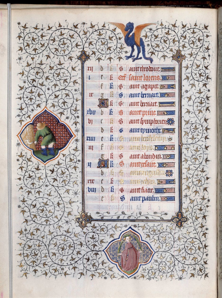 Manuskriptside "" Les Tres Riches Hours du Duke Francois de Guise""" dekorerer tegn på stjernetegn og repræsentation af landbrugsarbejde, høsten. Miniature af Mesteren af Boucicaut af (and workshop) Boucicaut Master