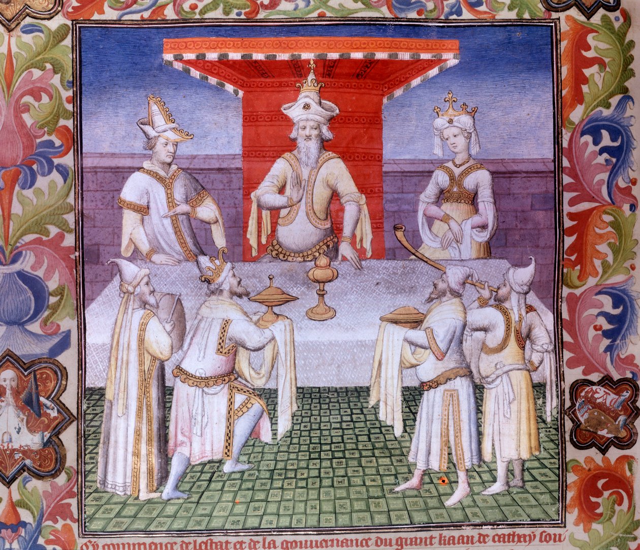 Måltidsscene ved Den Store Khans bord i Landet Cathay Miniature i "" The Book of Wonders"" ("" Devisement of the World"", "" Il Milione")", manuskript fr.2810 (folio 136) oplyst af Mesteren af Boucicaut og skrevet af Marco Polo, Marco (125 af (and workshop) Boucicaut Master