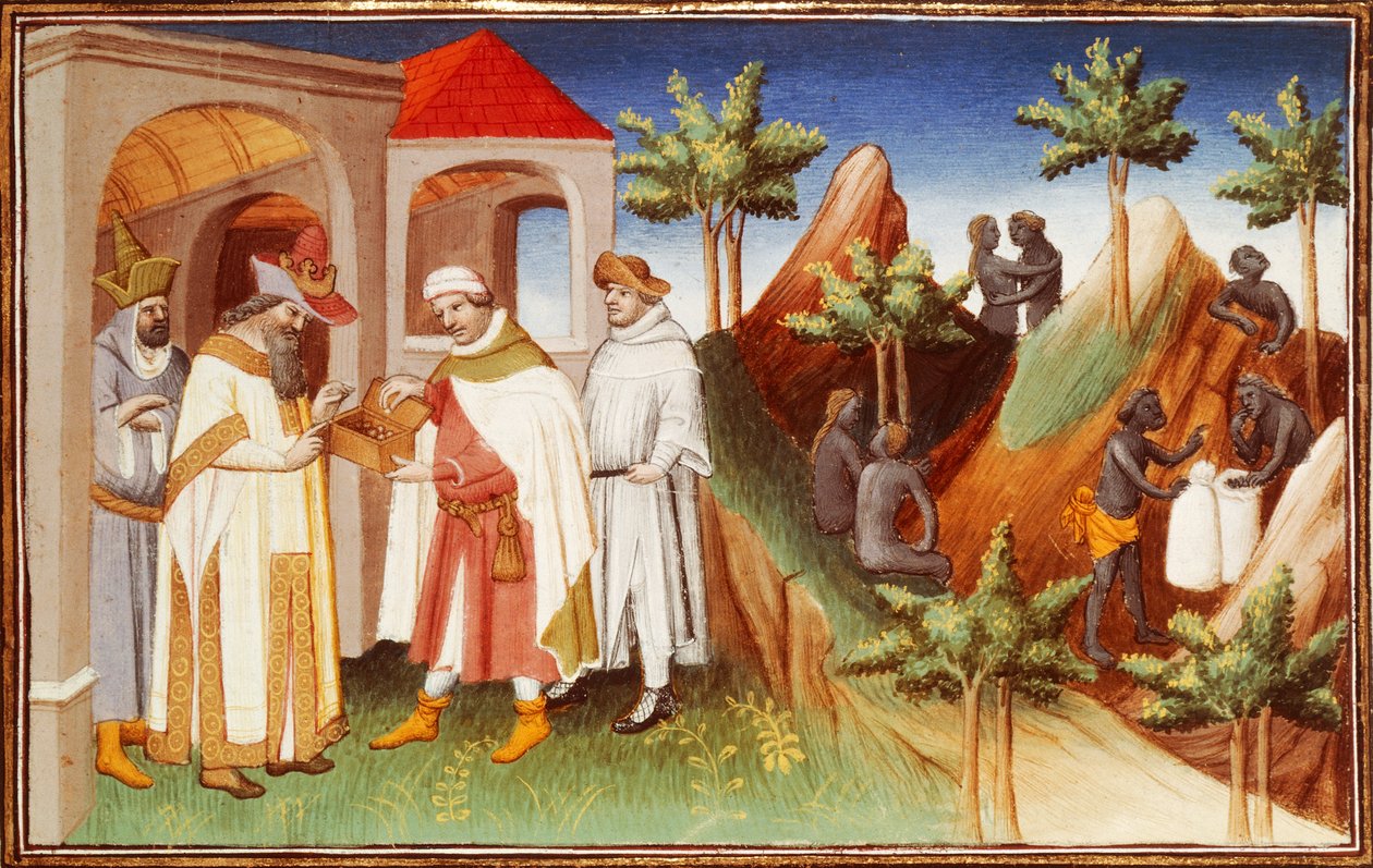 Mr Fr 2810 f.83r, kong af Lar køber perler, miniature fra "Livres des merveilles du monde", ca. 1410-12 (tempera på pergament) af (and workshop) Boucicaut Master
