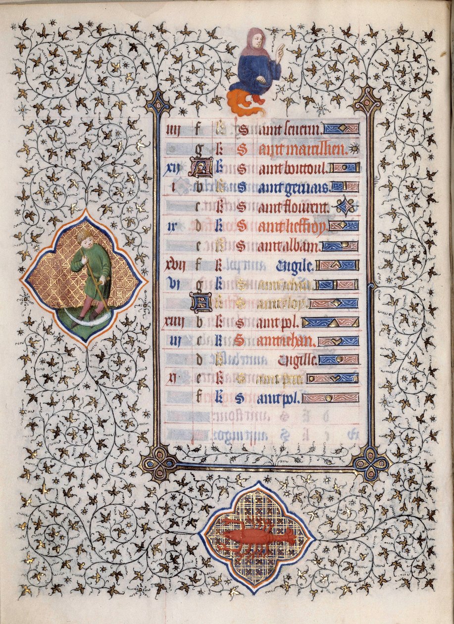 Side af manuskriptet "" Les Tres Riches Hours du Duke Francois de Guise"" oplyst af Mesteren af Boucicaut: repræsentation af stjernetegn og scener i hverdagen: kræft og en mand med en segl. 15. århundrede. Musee Conde, Chantilly af (and workshop) Boucicaut Master